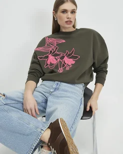 Khaki Cotton Embroidered Floral Sweatshirt