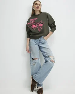 Khaki Cotton Embroidered Floral Sweatshirt