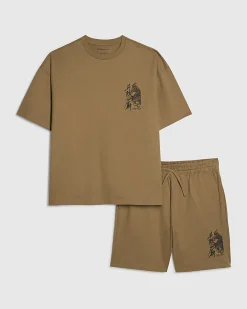 Khaki Cotton Japanese T-Shirt And Shorts Set