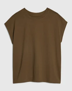 Khaki Cotton Loose Fit Short Sleeve Top