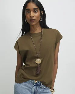 Khaki Cotton Loose Fit Short Sleeve Top