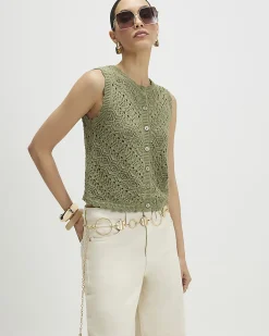 Khaki Cotton Metallic Knit Scallop Trim Top