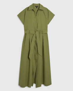 Khaki Cotton Short Sleeve Midi Shirt Dress