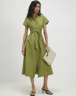 Khaki Cotton Short Sleeve Midi Shirt Dress
