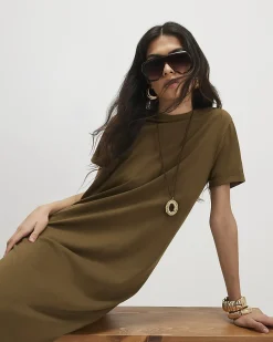 Khaki Cotton T-Shirt Midi Dress