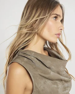 Khaki Faux Leather Hammered Ruched Detail Top