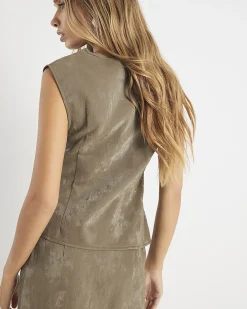 Khaki Faux Leather Hammered Ruched Detail Top