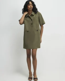 Khaki Faux Suede Short Sleeve Shirt Dress