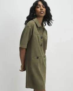 Khaki Faux Suede Short Sleeve Shirt Dress
