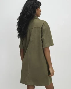 Khaki Faux Suede Short Sleeve Shirt Dress