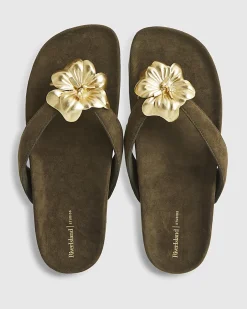 Khaki Flower Toe Thong Flat Sandals
