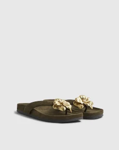 Khaki Flower Toe Thong Flat Sandals