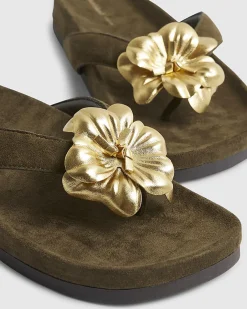 Khaki Flower Toe Thong Flat Sandals