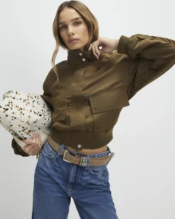 Khaki Funnel Neck Bomber Jacket