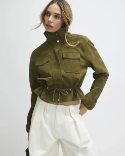 Khaki Funnel Neck Drawstring Jacket