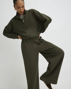 Khaki Jersey Tailored Wide Leg Trousers