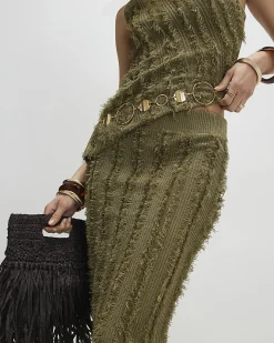 Khaki Knitted Fringed Midi Skirt
