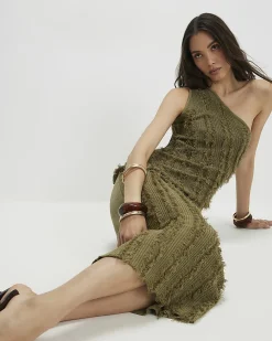 Khaki Knitted Fringed Midi Skirt
