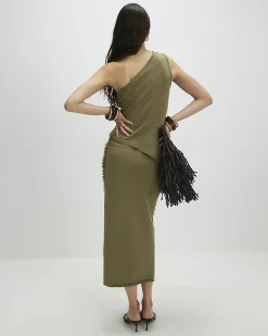 Khaki Knitted Fringed Midi Skirt