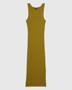 Khaki Knitted Racer Neck Ribbed Midi Dress
