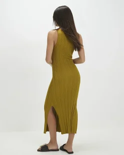 Khaki Knitted Racer Neck Ribbed Midi Dress