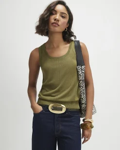 Khaki Linen Blend Fine Knit Vest Top