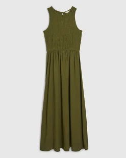 Khaki Linen Blend Shirred Midi Dress