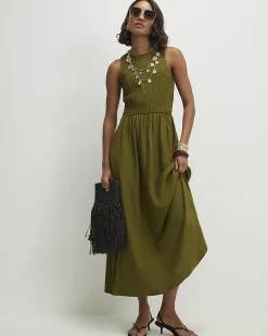 Khaki Linen Blend Shirred Midi Dress