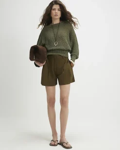 Khaki Linen Blend Tailored Shorts