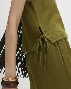 Khaki Linen Blend Tie Side Tank Top