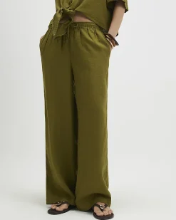 Khaki Linen Blend Wide Leg Trousers
