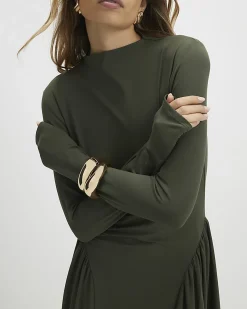 Khaki Long Sleeve Gathered Waist Maxi Dress