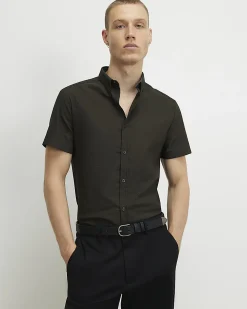 Khaki Muscle Fit Textured Cotton Blend Shirt
