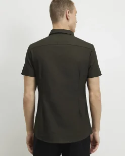 Khaki Muscle Fit Textured Cotton Blend Shirt