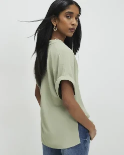 Khaki Notch Neck Short Sleeve Top