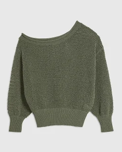 Khaki Open Stitch Knit Off The Shoulder Top