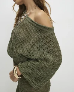 Khaki Open Stitch Knit Off The Shoulder Top