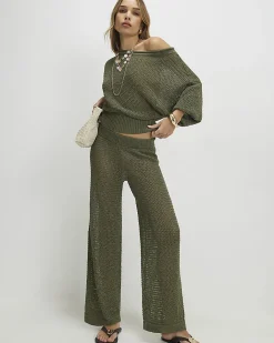 Khaki Open Stitch Knit Off The Shoulder Top