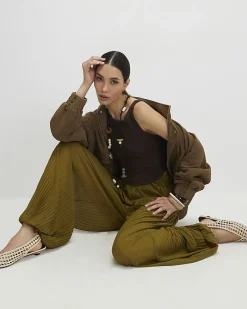 Khaki Pleated Mesh Balloon Leg Trousers