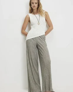 Khaki Plisse Wide Leg Trousers