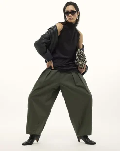 Khaki Poplin Barrel Leg Trousers