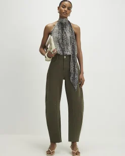Khaki Raw Hem Barrel Leg Jeans
