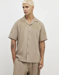 Khaki Regular Fit Paisley Embroidery Shirt
