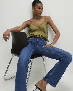 Khaki Satin Scallop Trim Cami Top