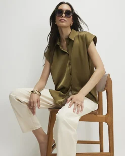 Khaki Satin Sleeveless Shirt