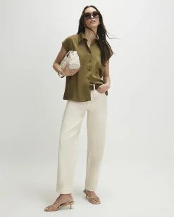 Khaki Satin Sleeveless Shirt