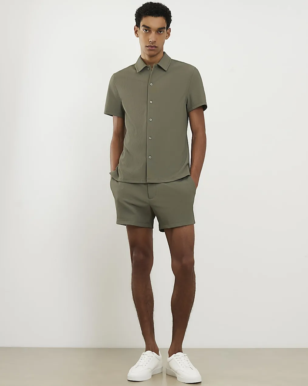 Khaki Short Length Rib Stretch Shorts