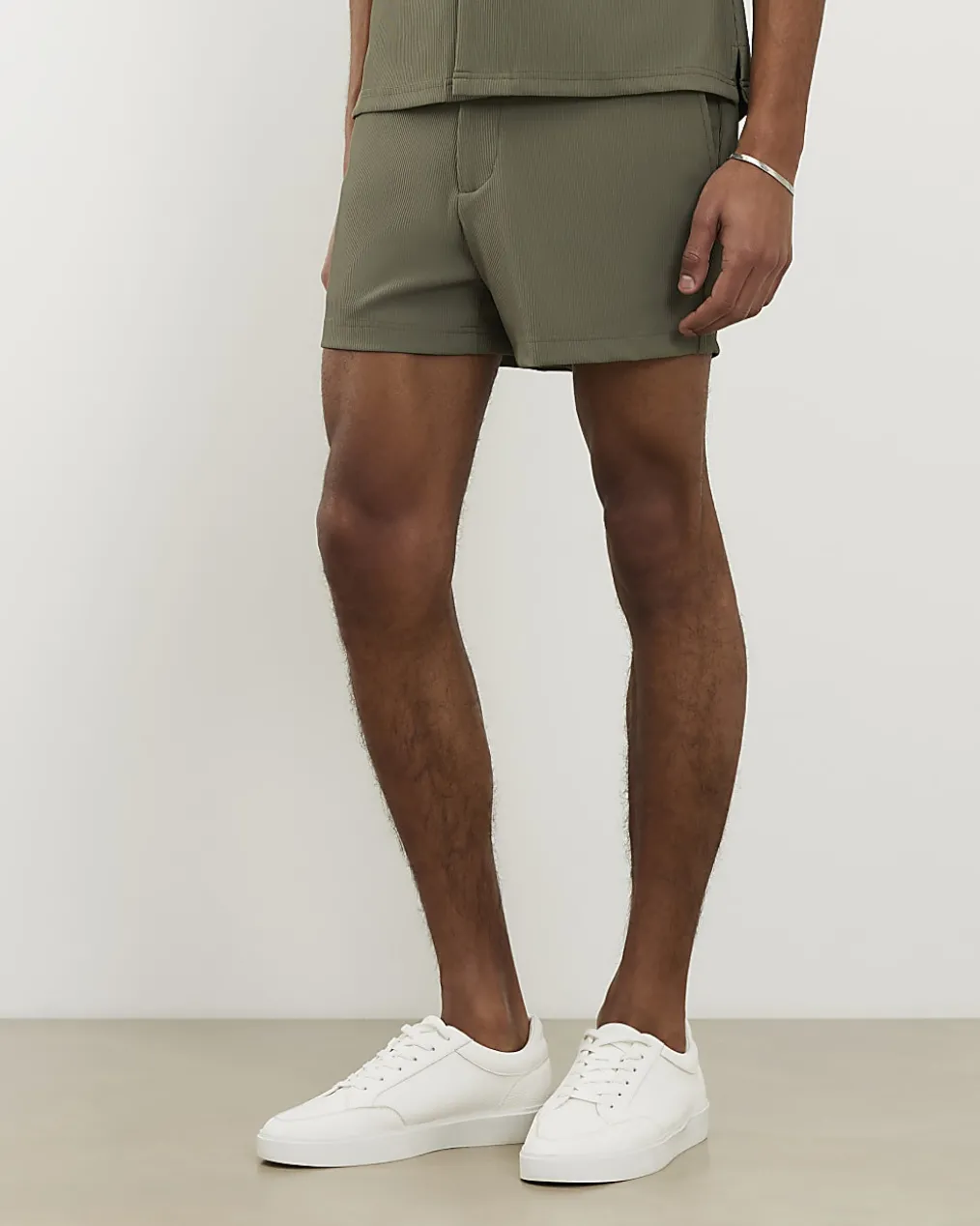 Khaki Short Length Rib Stretch Shorts
