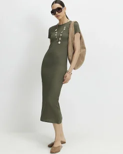 Khaki Short Sleeve Textured Midi Dress