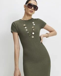 Khaki Short Sleeve Textured Midi Dress